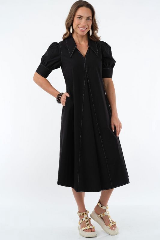 Lior Amber Black Pointed Collar Detail Short Sleeve Dress