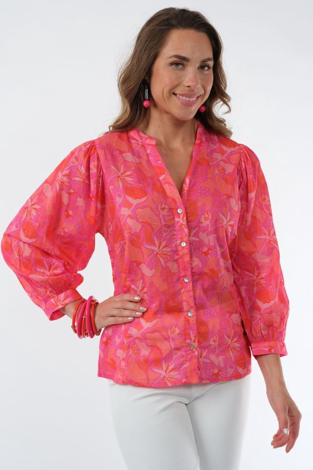 Lior Joni Carnation Print V-Neck Voile Blouse