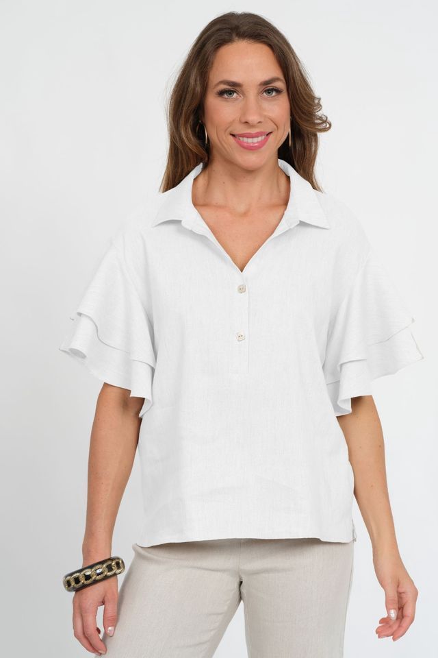 Lior Harmony White Linen Double Flounce Sleeve Blouse