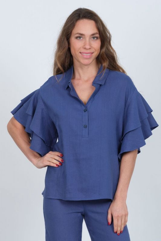 Lior Harmony Blue Linen Double Flounce Sleeve Blouse