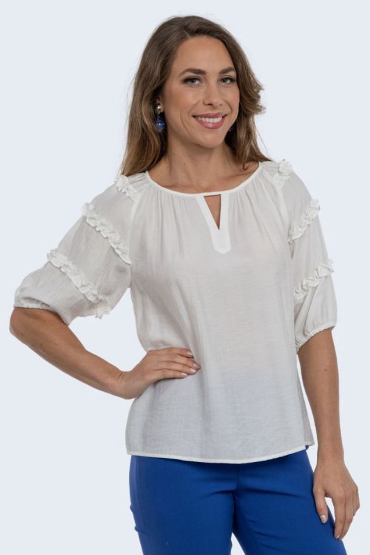 Lior Blythe White Round Neck Ribbon Ruffle Sleeve Blouse