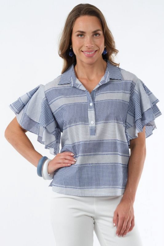 Lior Harmony Denim Checks &amp; Stripes Double Flounce Sleeve Blouse