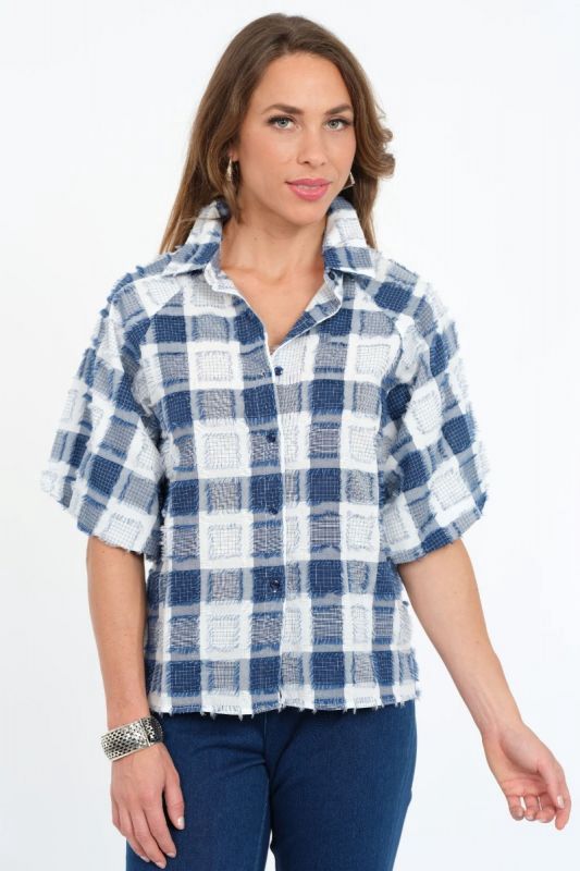 Lior Halo Denim/White Plaid with Fray Details Blouse