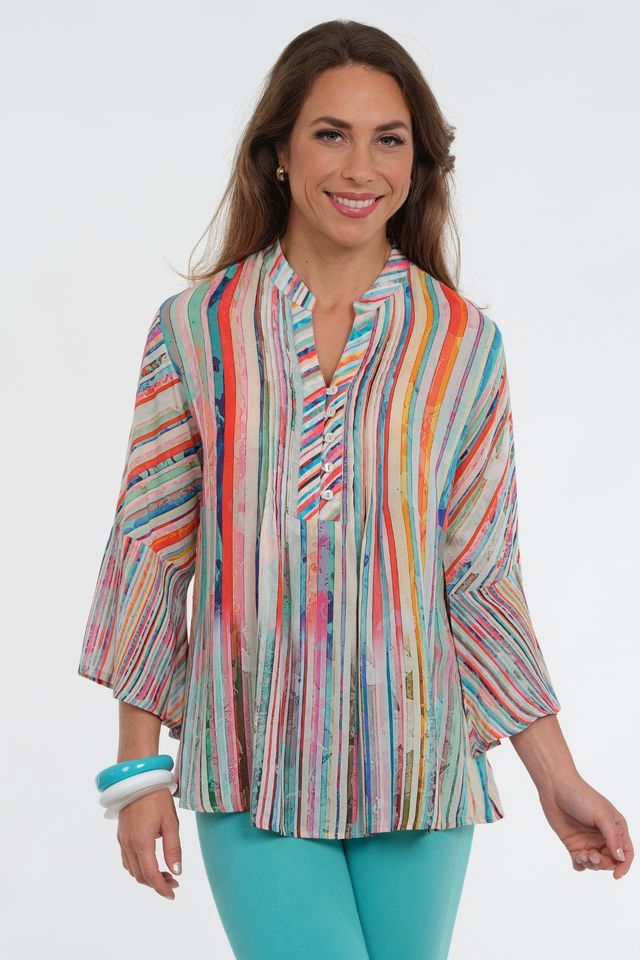 Lior Jules Multi Stripe Pleated Blouse With Flare Sleeve
