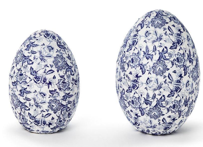 Two&#39;s Company Blue and White Floral Hand-Crafted Paper Mache Eggs