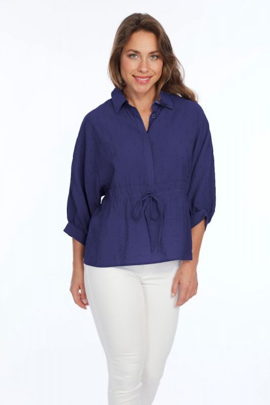 Lior Hazel Navy Jacquard Raglan Sleeve Drawstring Top