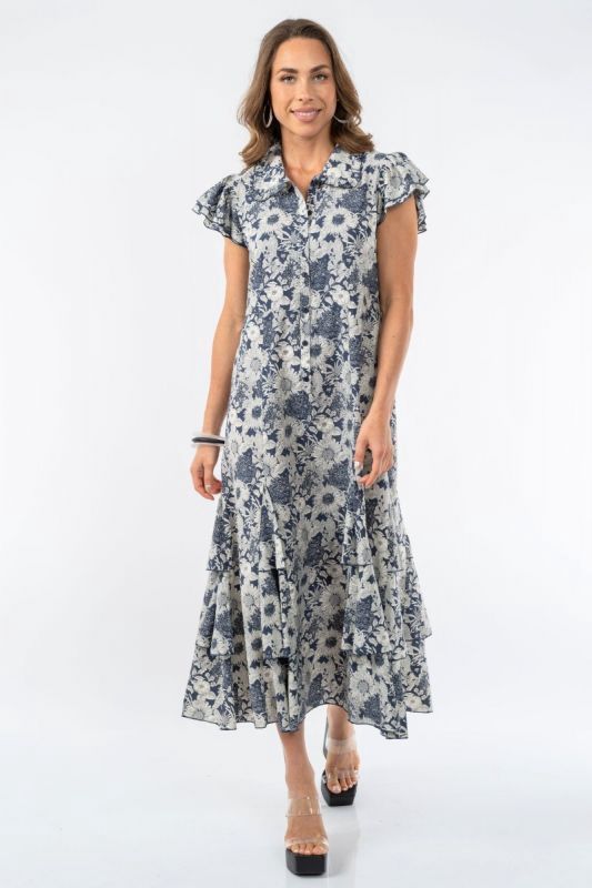 Lior Armenia Indigo White Vintage Floral Ruffle Sleeve Half Placket Panel Dress