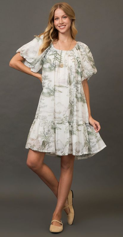 Umgee Toile Print Dress with Puff Sleeves Sage