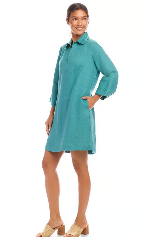 Karen Kane Cuffed Sleeve Linen Dress- Aqua