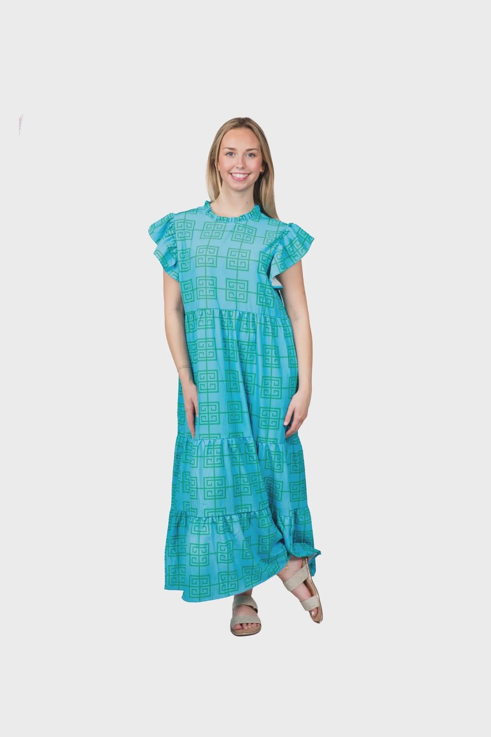 Top It Off Laura Dress: Turquoise and Green Greek Key