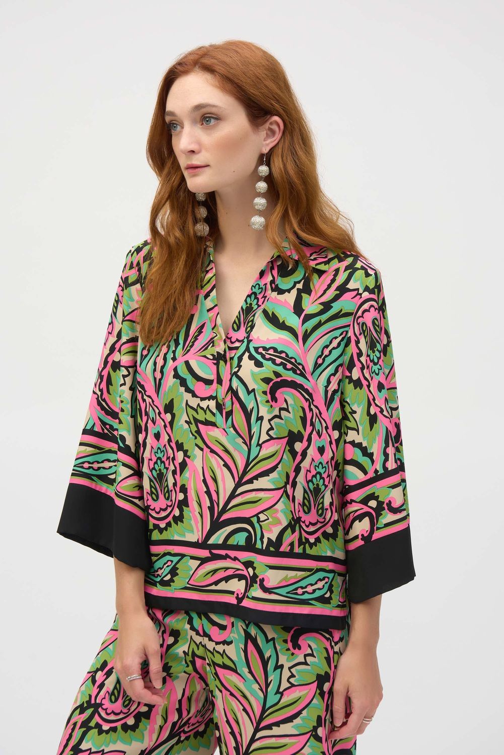 Joseph Ribkoff Woven Paisley Print Boxy Top- Black/Multi