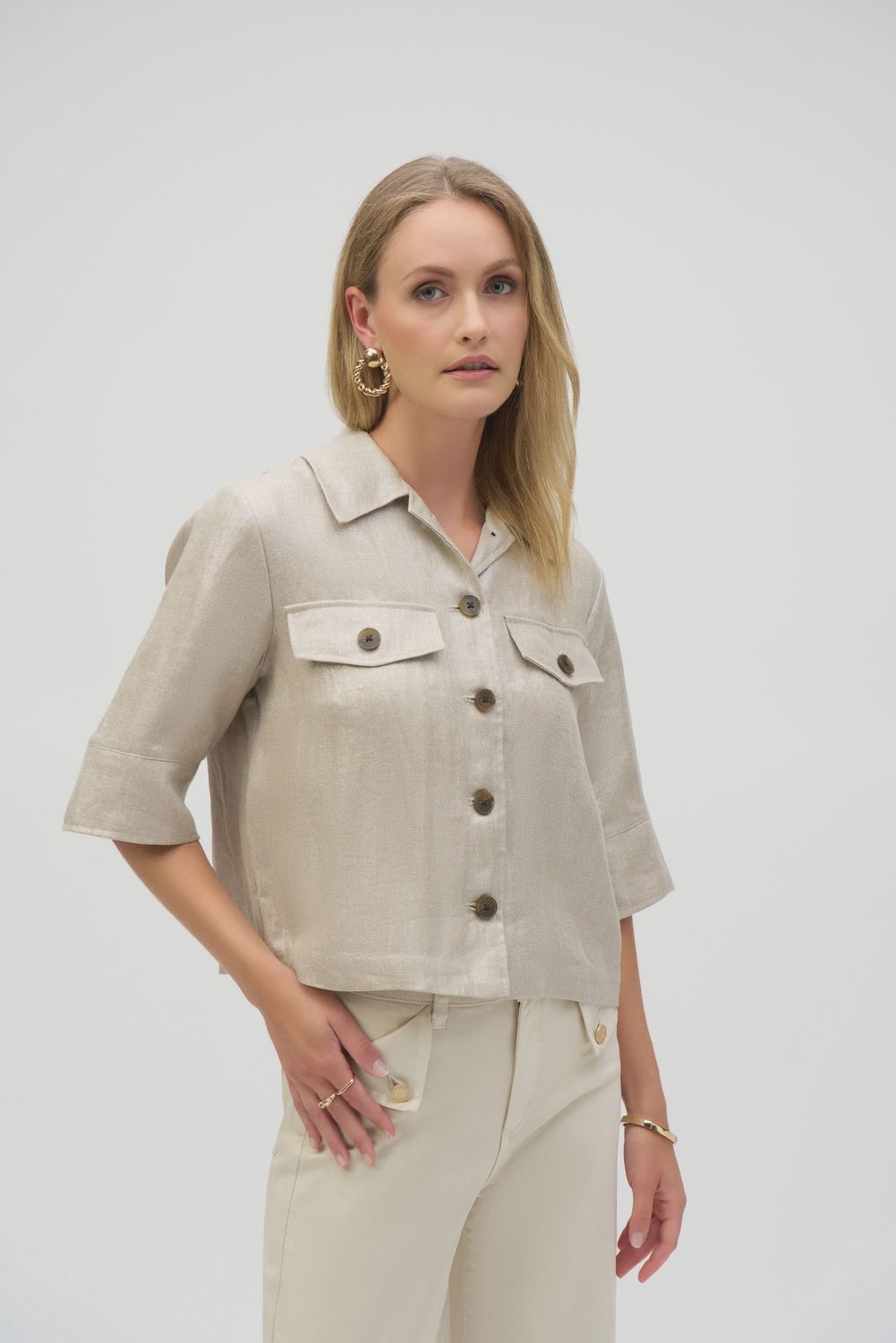 Joseph Ribkoff Foiled Linen Blend Short Sleeve Boxy Jacket-Champagne