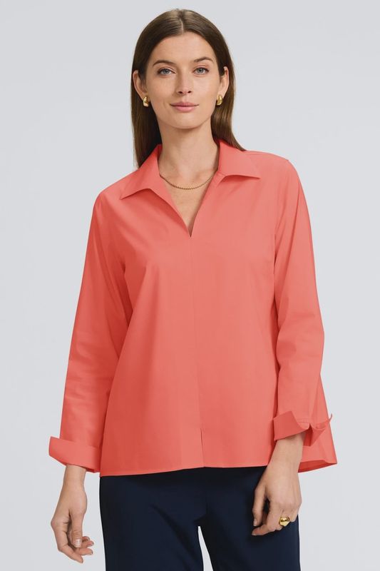 Foxcroft Agnes No Iron Stretch Long Sleeve Popover Shirt- Tangerine