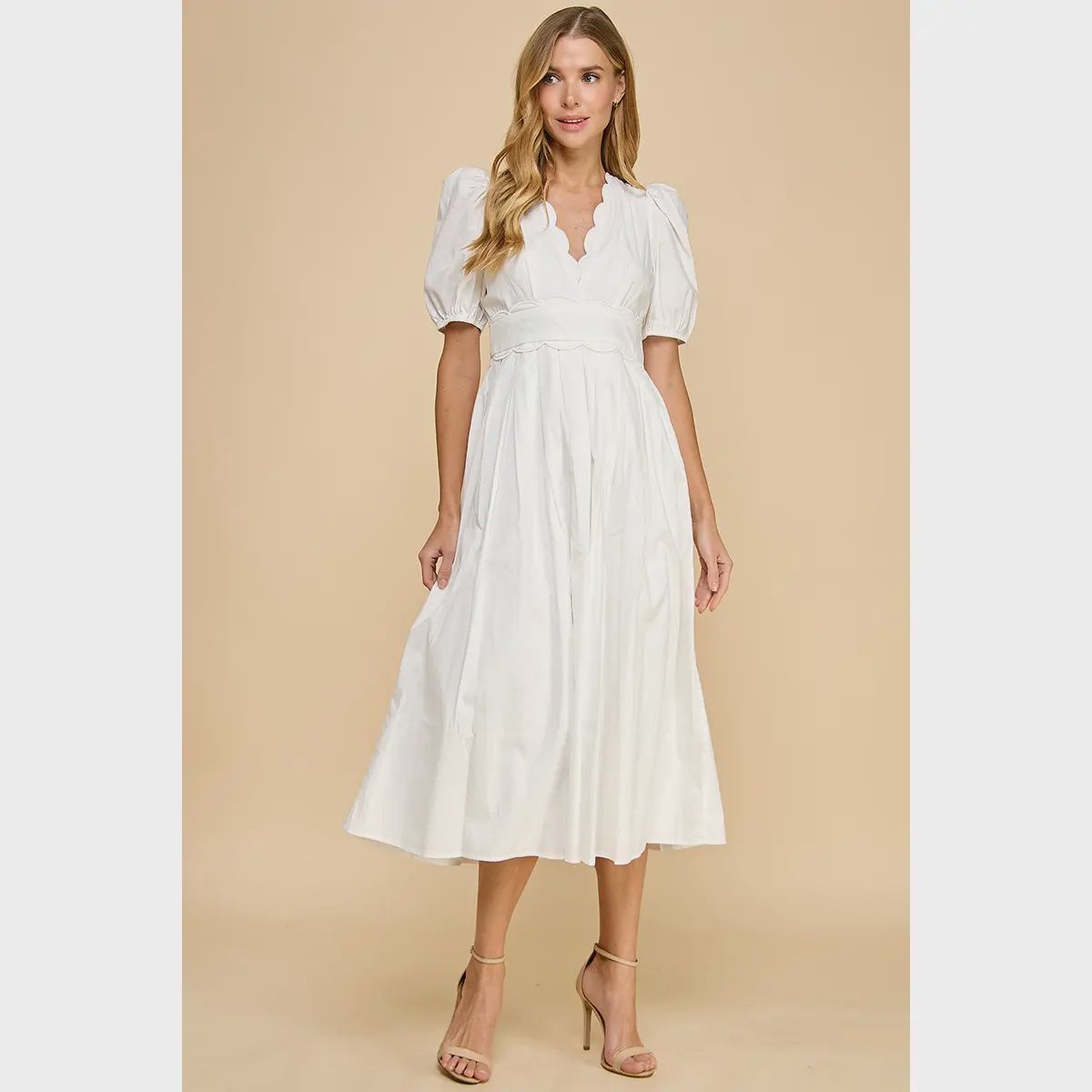 TCEC  Neckline Scalloped Detail Midi Dress- White