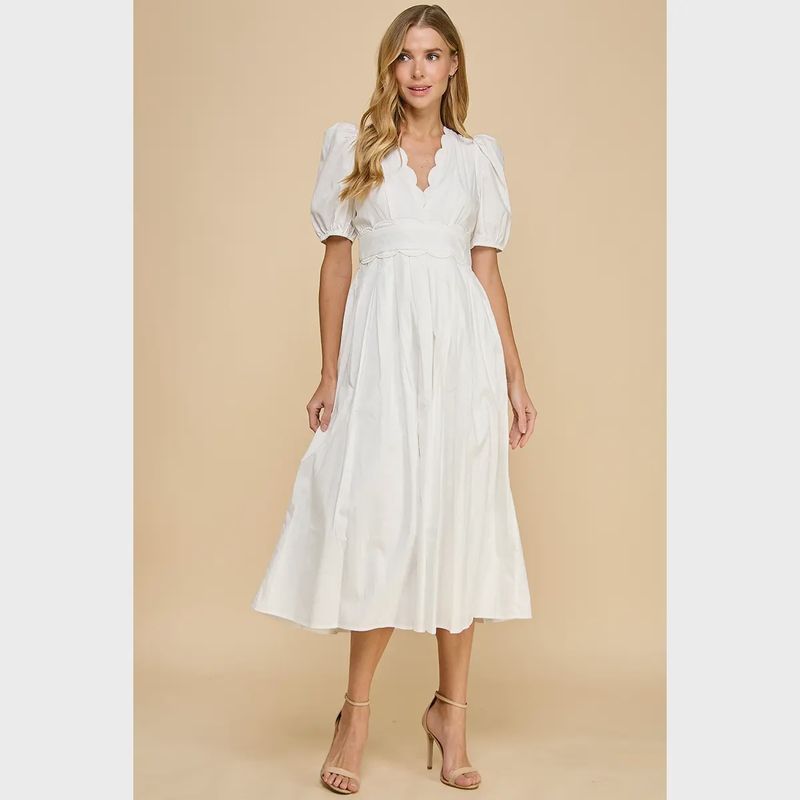 TCEC  Neckline Scalloped Detail Midi Dress- White