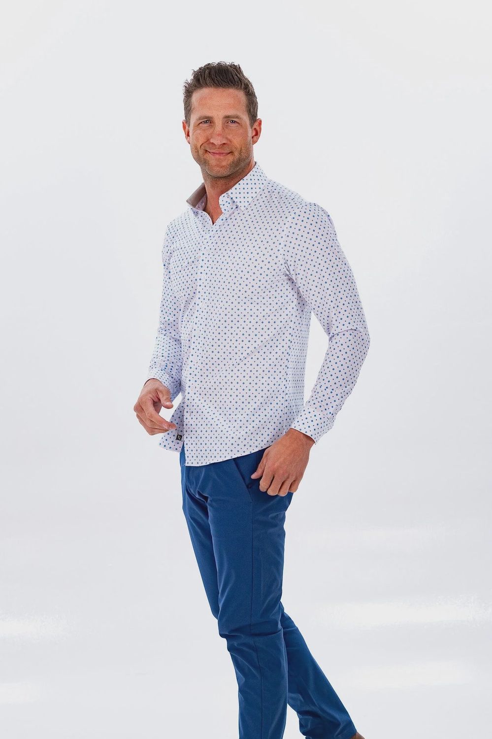 Tough Apparel Hustle Sport Shirt Slim Fit Long Sleeve - White Cobalt Diamond
