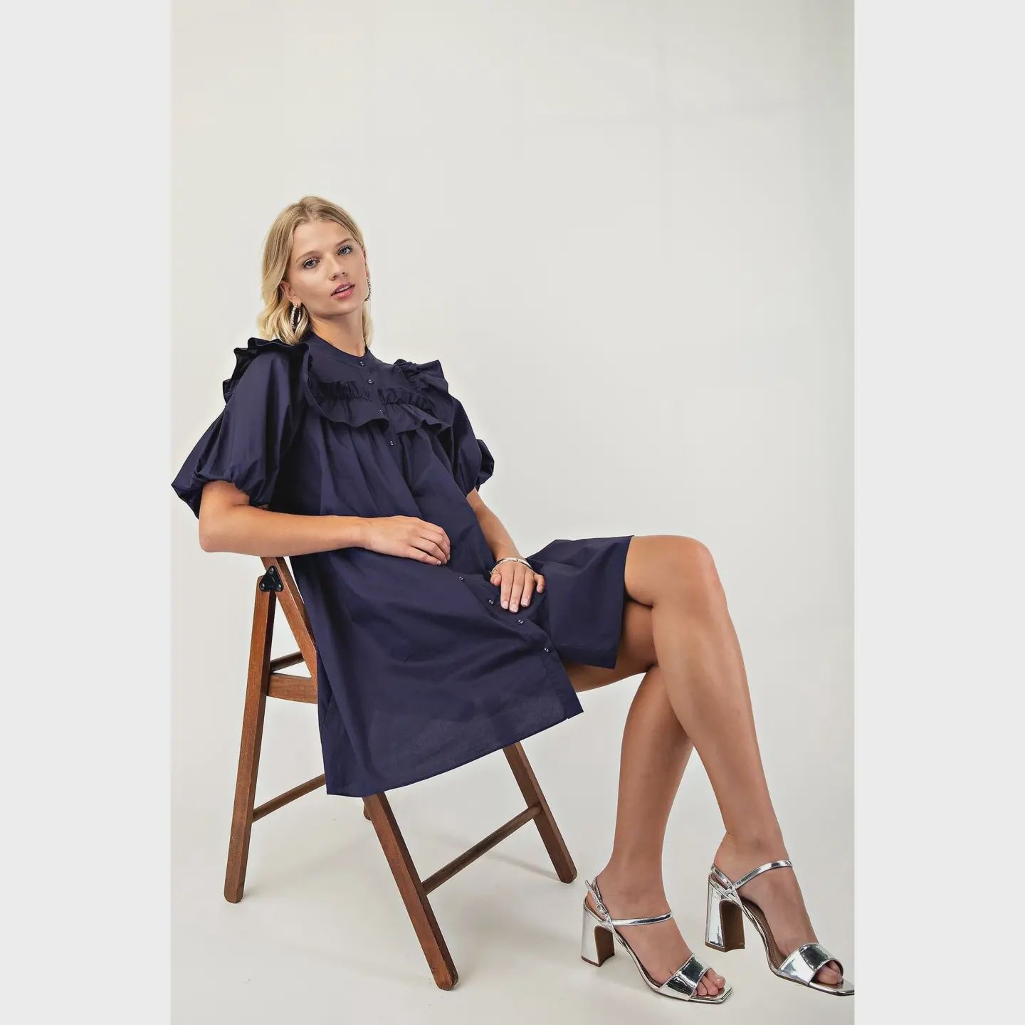 Navy Ruffle Puff Sleeve Dress