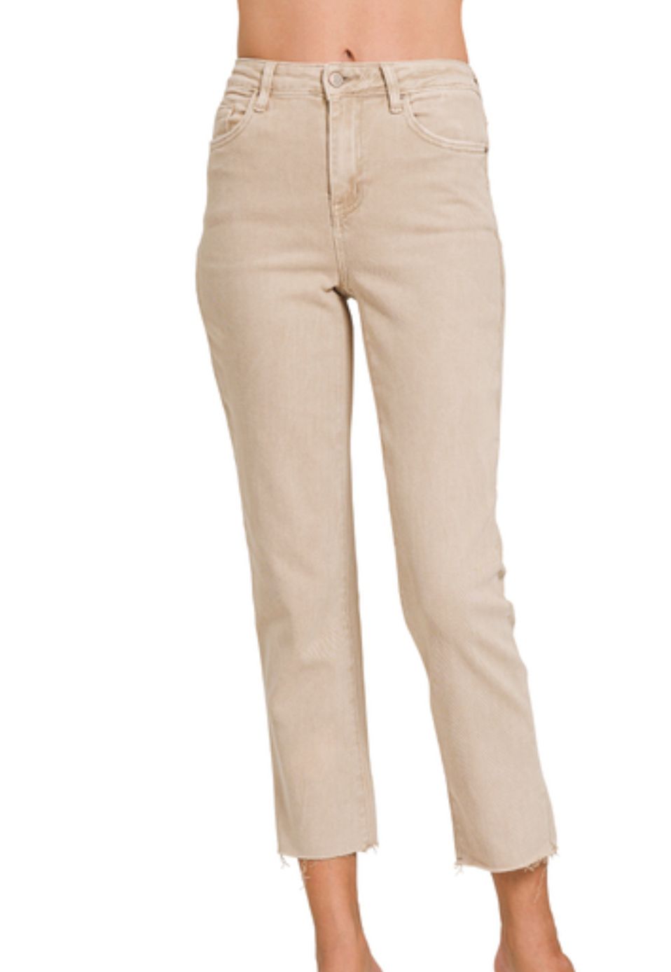 Zenana Sand Beige Acid Washed Straight Pants