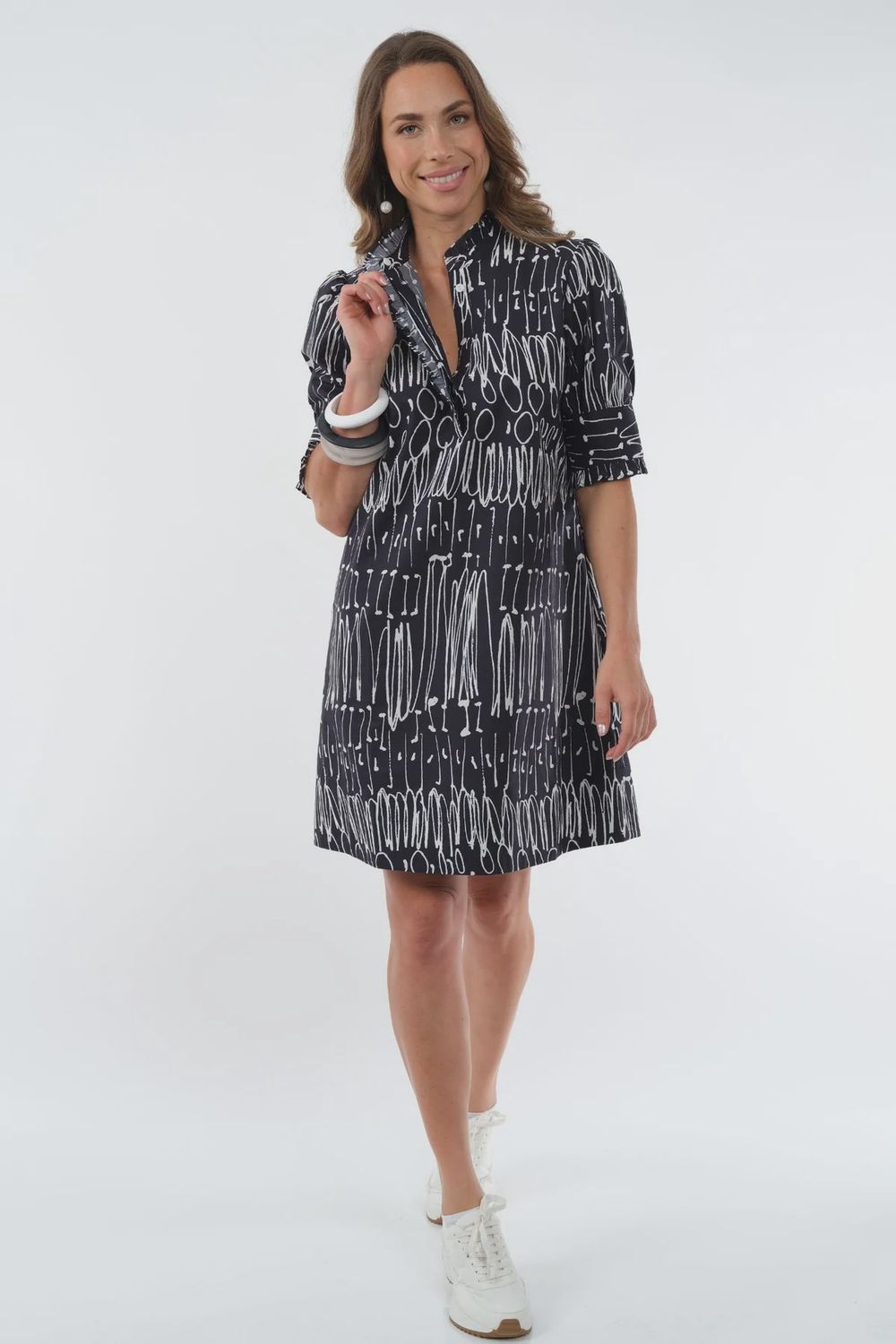 Lior Dai Black &amp; White Scribble Ruffle Neck &amp; Sleeve Dress