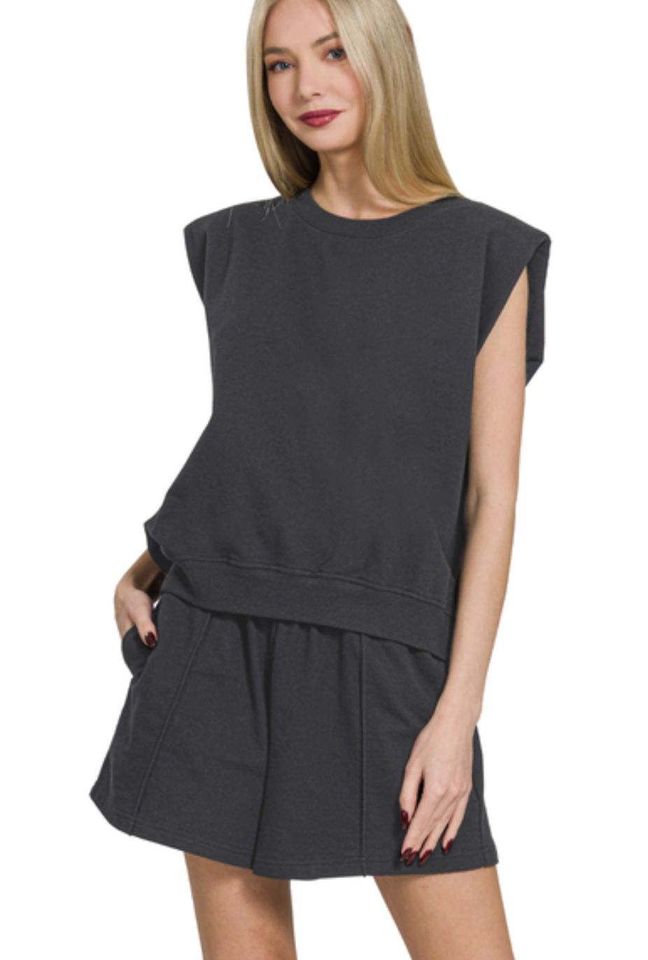 Zenana Black French Terry Sleeveless Top &amp; Shorts Set