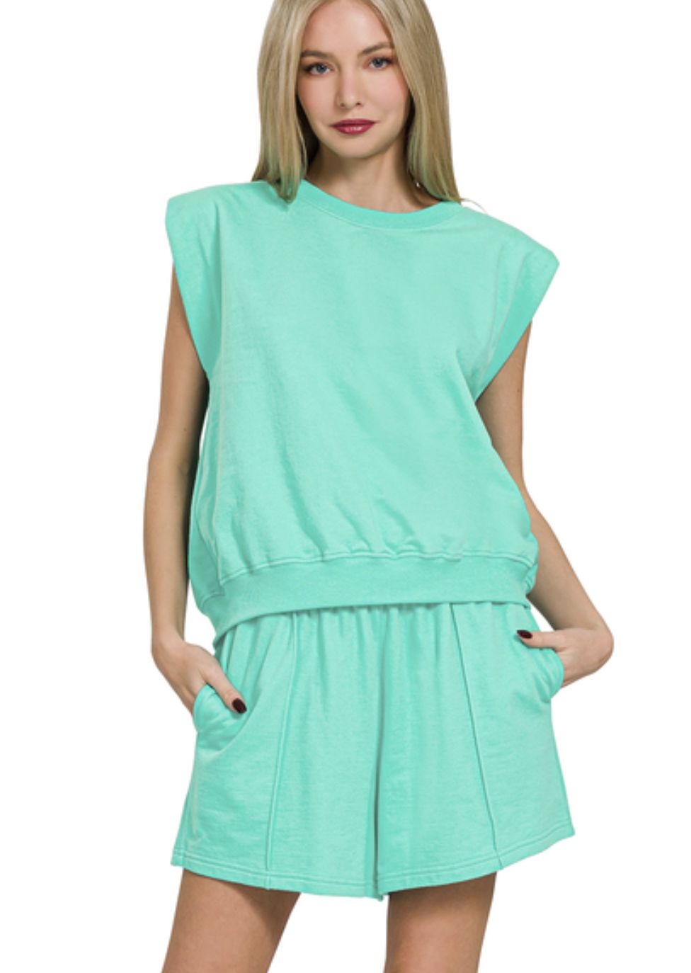 Zenana Mint French Terry Sleeveless Top &amp; Shorts Set
