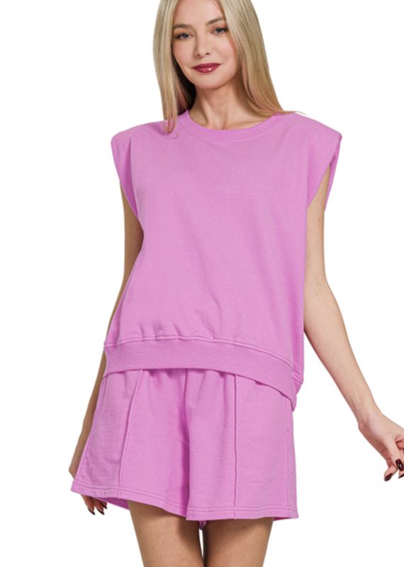 Zenana Bright Mauve French Terry Sleeveless Top &amp; Shorts Set