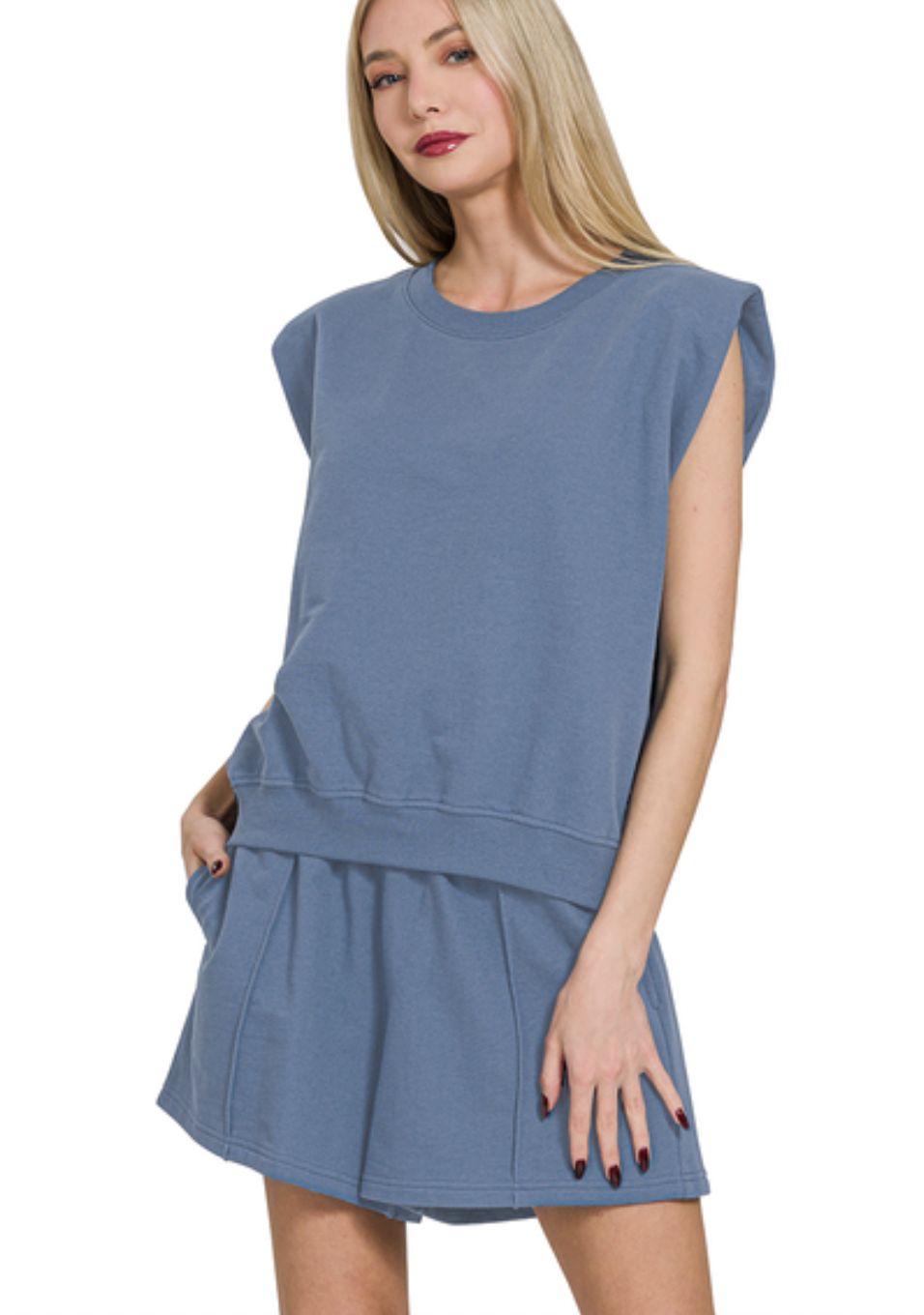 Zenana Dusty Blue French Terry Sleeveless Top &amp; Shorts Set