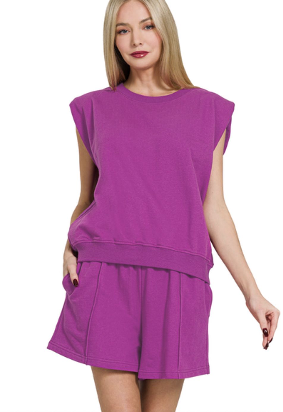 Zenana Light Plum French Terry Sleeveless Top &amp; Shorts Set