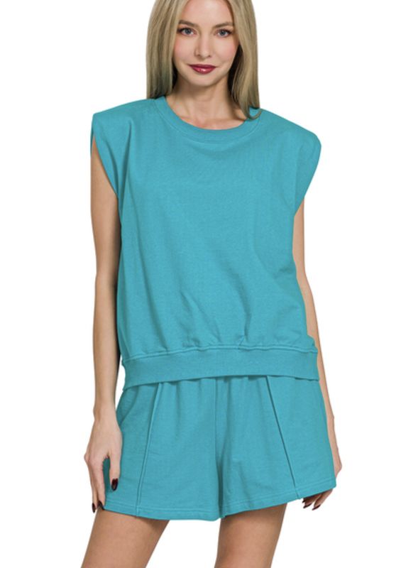 Zenana Light Teal French Terry Sleeveless Top &amp; Shorts Set