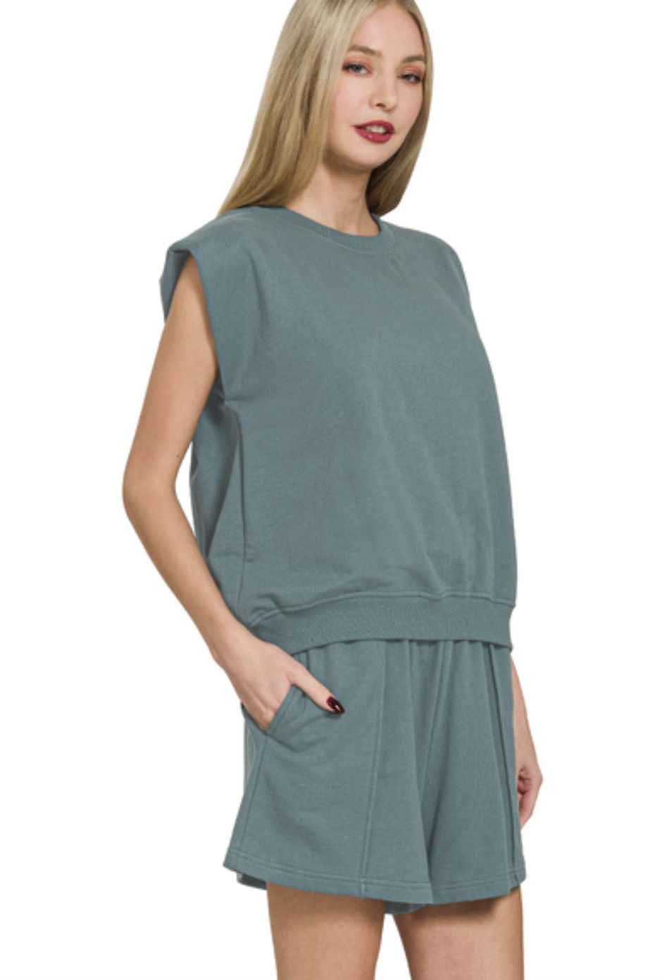 Zenana Ash Jade French Terry Sleeveless Top &amp; Shorts Set