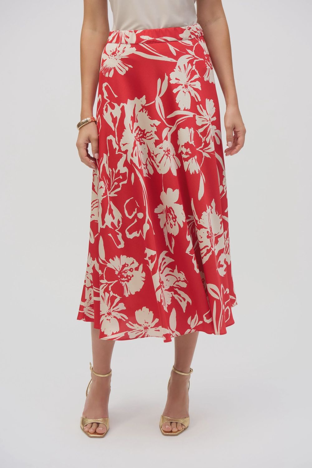 Joseph Ribkoff Satin Floral Print A-Line Skirt- Red/Cream