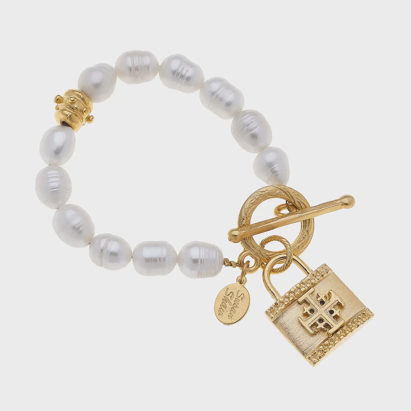 Susan Shaw  Freshwater Pearl &amp; Jerusalem Cross Lock Bracelet