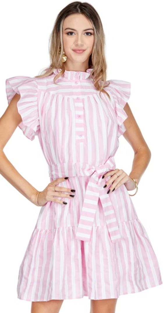 Joy Joy Pink Stripe Placket Peplum Dress