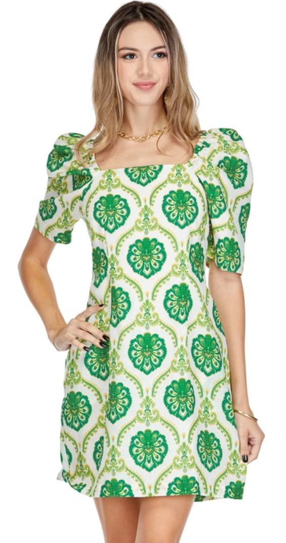 Joy Joy Green Motif Puff Sleeve Fitted Dress