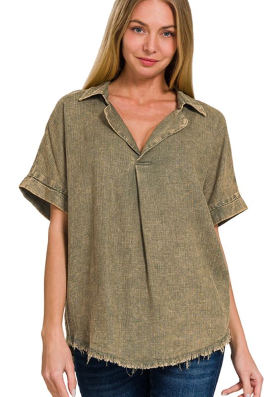 Zenana Light Olive Washed Linen Raw Edge V-Neck Shirt