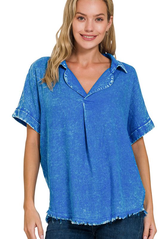 Zenana Ocean Blue Washed Linen Raw Edge V-Neck Shirt