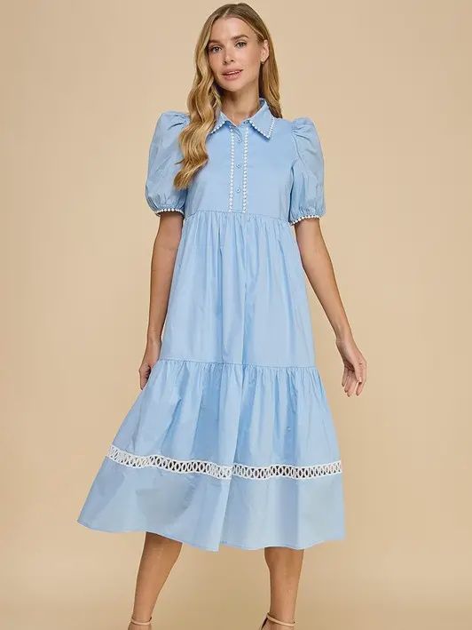Baby Blue Button Up Collared Contrast Trims Midi Dress