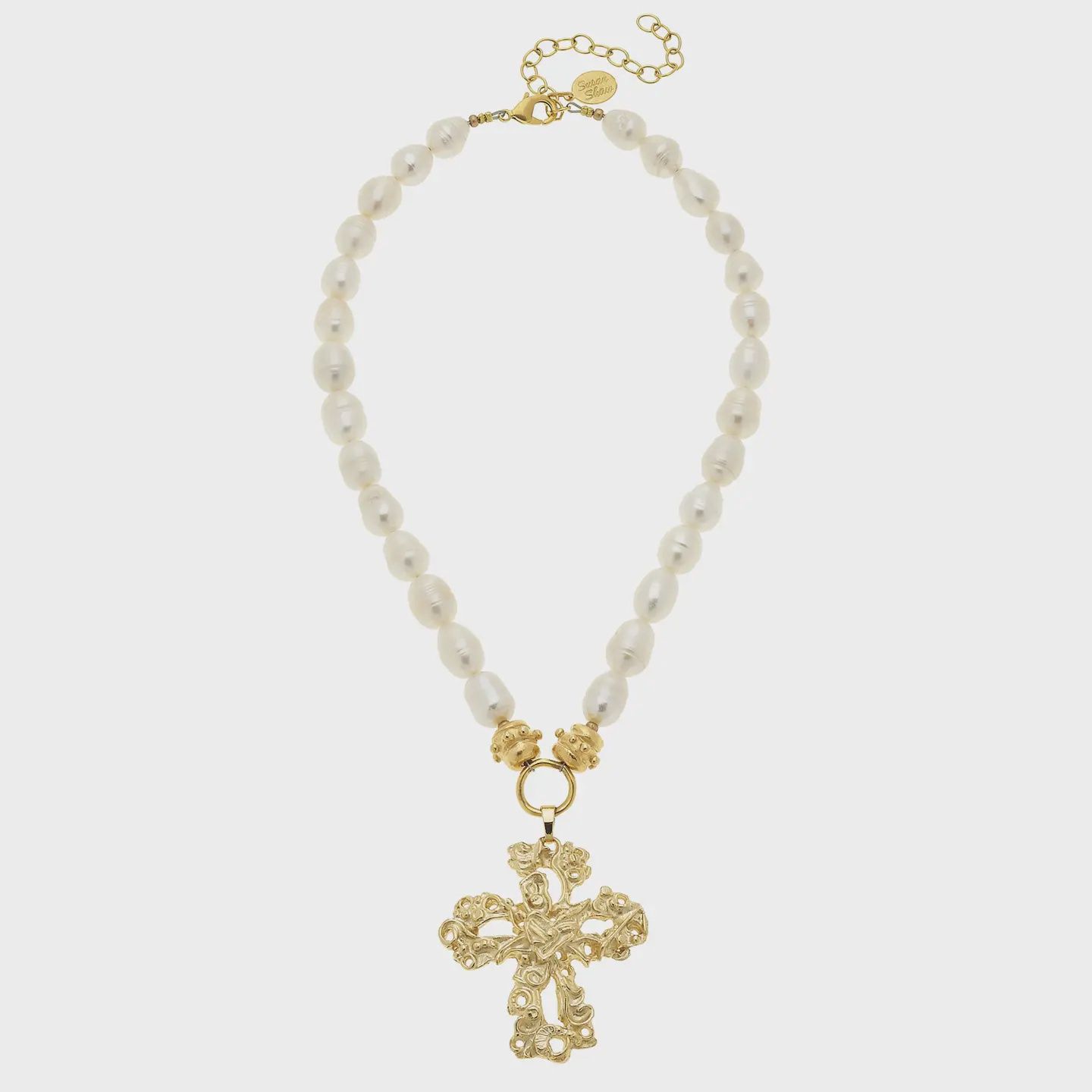 Susan Shaw Gold Cross On Genuine Freshwater Pearl Necklace