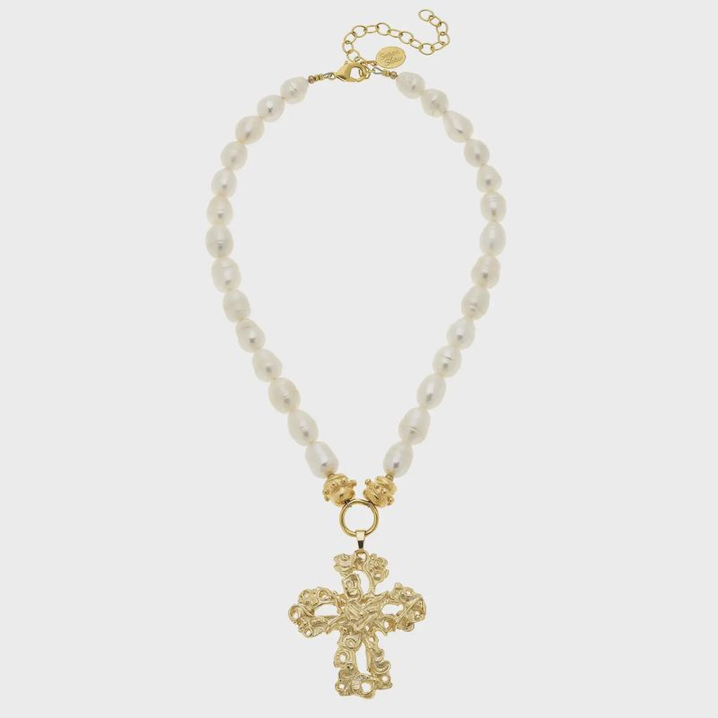 Susan Shaw Gold Cross On Genuine Freshwater Pearl Necklace