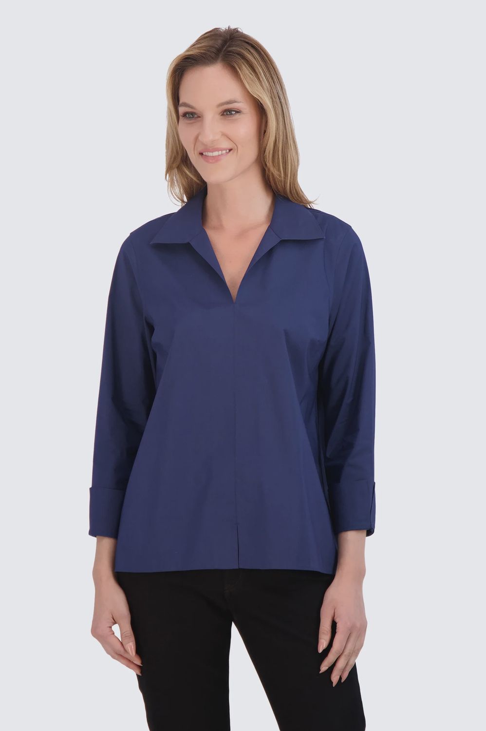 Foxcroft Navy Agnes Stretch No Iron Popover Shirt, Size: XS, color: Navy