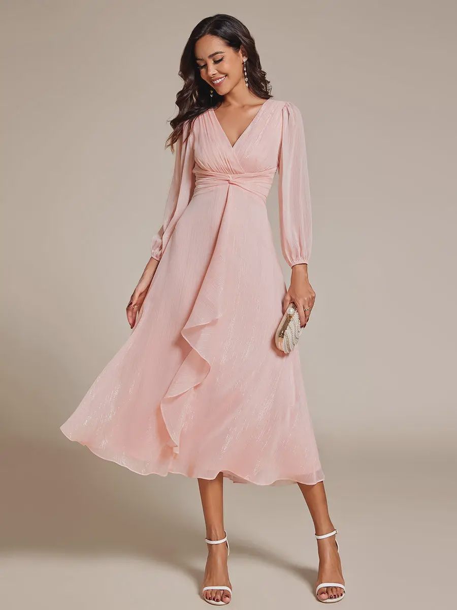 Pink Shiny Chiffon Wedding Guest Dress with Long Sleeve