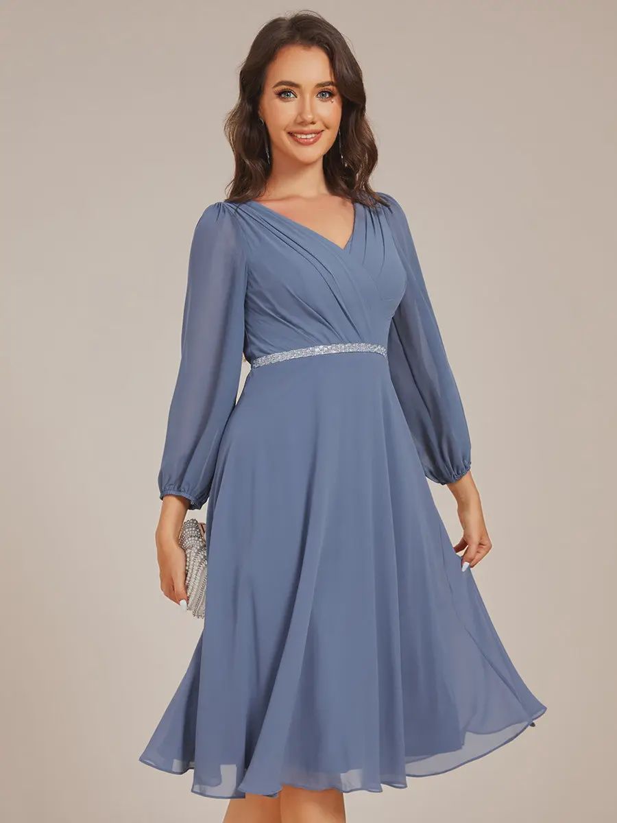 Dusty Blue Elegant Long Lantern Sleeves Wedding Guest Dresses