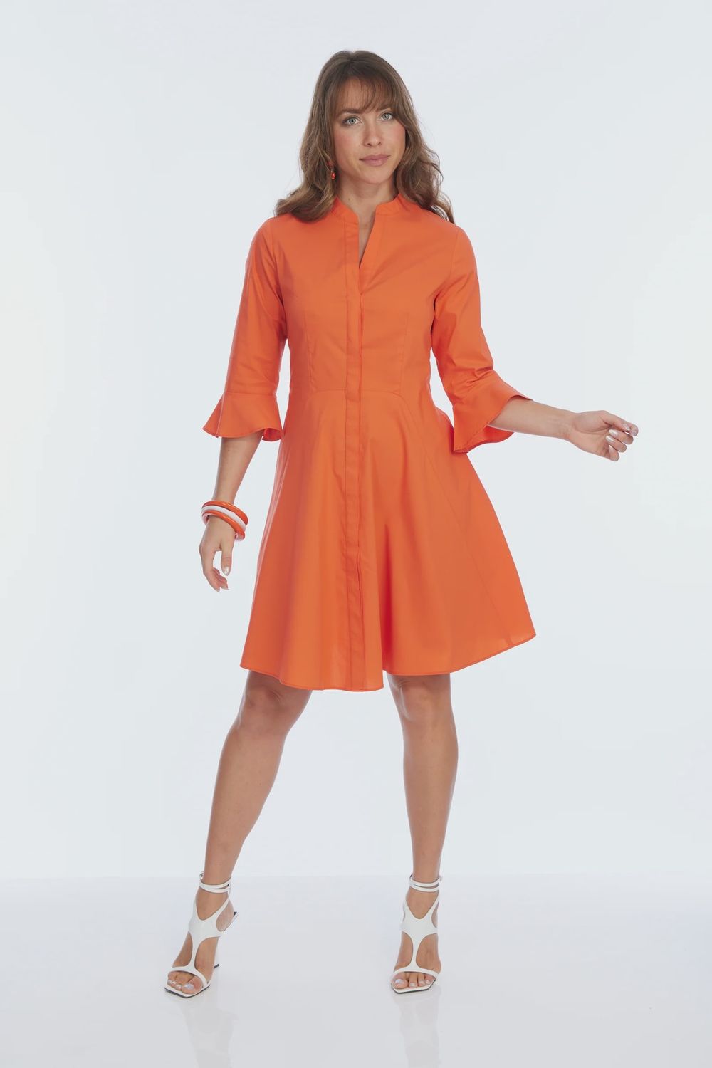 Lior Victory Tangerine Cocktail 3/4 Bell Sleeve Dress Pleated Front Line