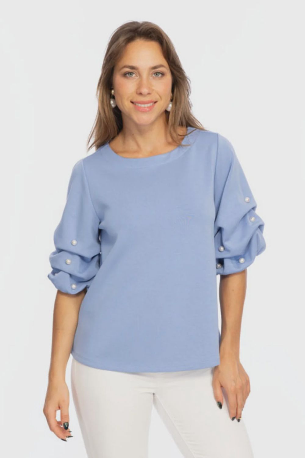Lior Zila Cornflower Soft Buttery Knit Top With Pearls Puff Sleeves Detailing