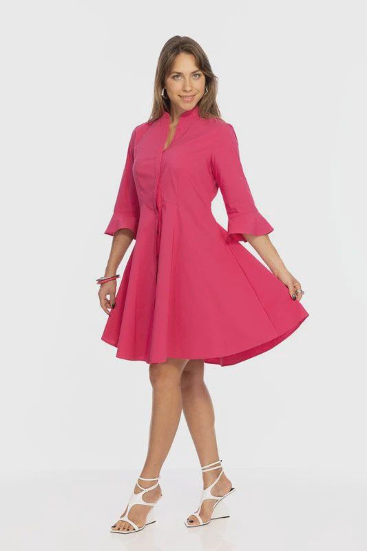 Lior Victory Hot Pink Cocktail 3/4 Bell Sleeve Dress Pleated Front Line
