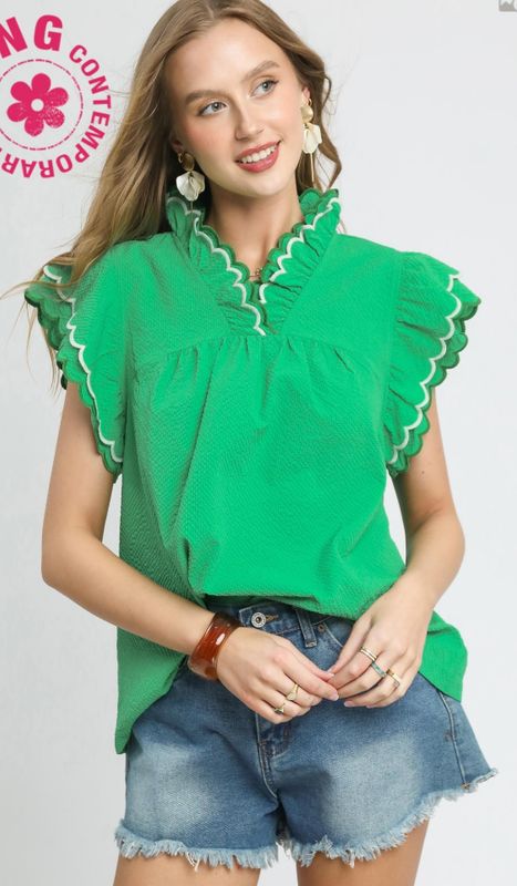 Umgee Scallop Trim Flutter Sleeve Blouse- Green