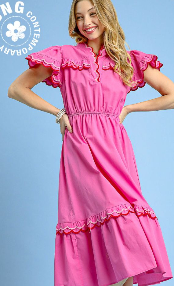 Umgee Scalloped Trim Flutter Sleeve Midi Dress- Pink