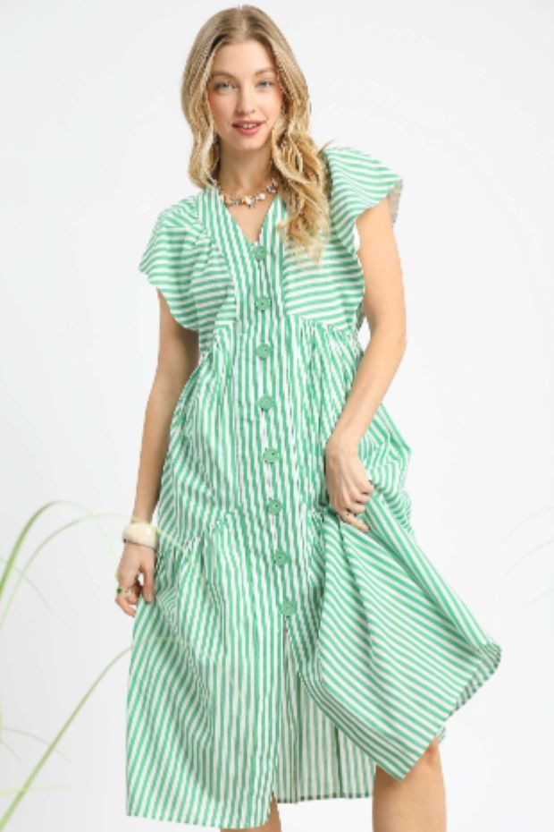 Umgee Striped Flutter Sleeve Dress- Apple Green