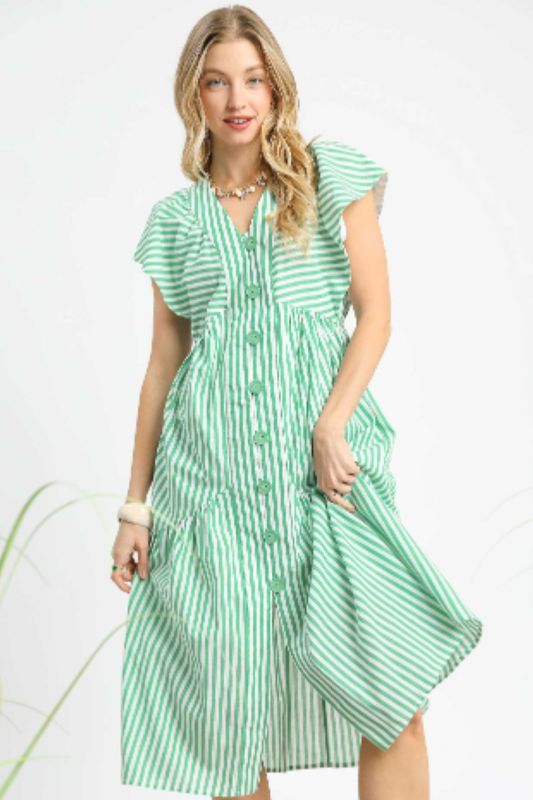 Umgee Striped Flutter Sleeve Dress- Apple Green