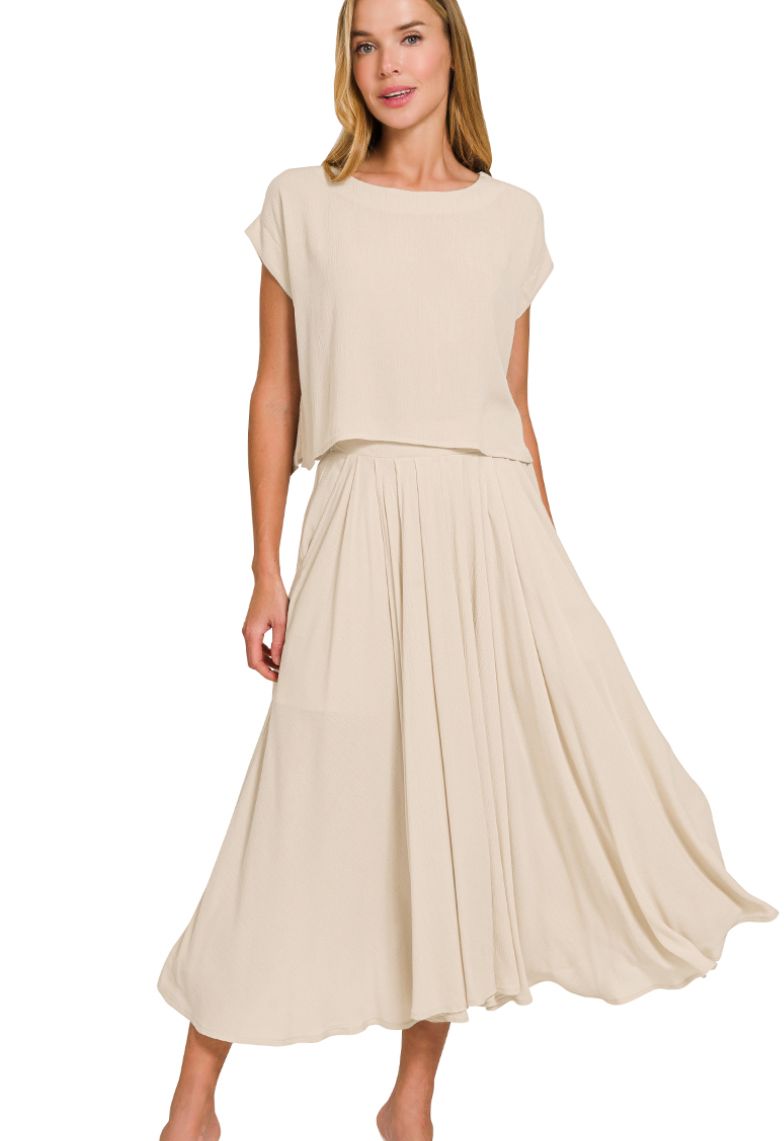 Zenana Sand Beige Woven Crop Tee &amp; Skirt Set